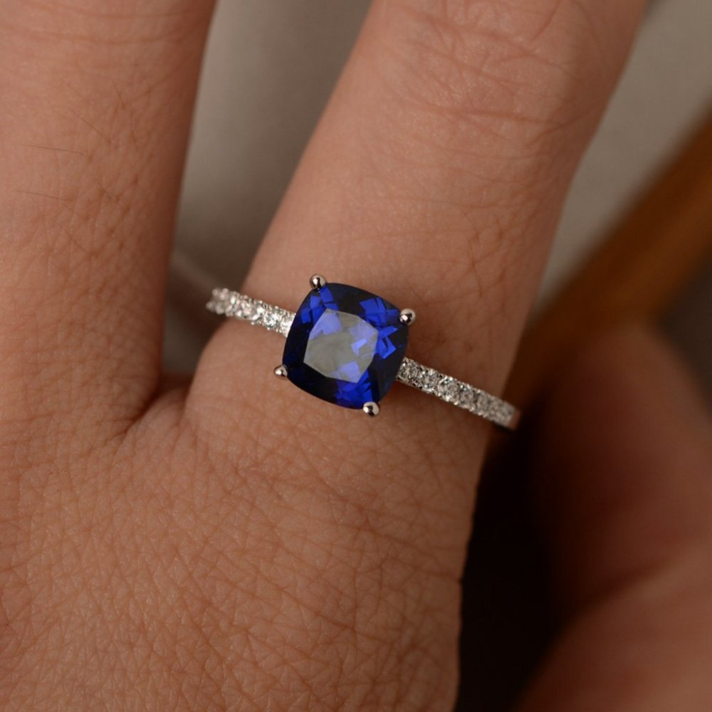 Sterling Silver Sapphire Diamond Cushion Cut Ring - Picture 2 of 4